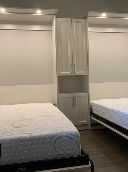 2- Single Vertical White Chocolate Murphy Beds with SC5-R cabinet and lights
