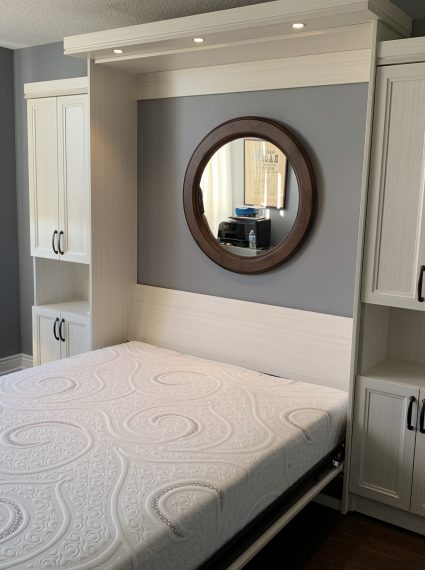 Queen Vertical White Chocolate Murphy Bed with 2-SC5-R cabinets with lights and box crown