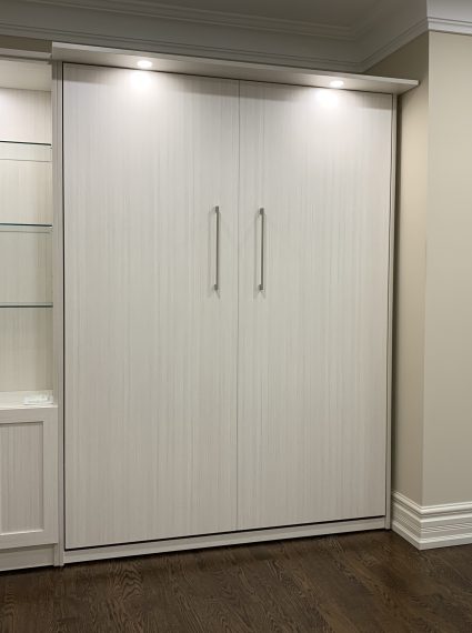Double Vertical White Chocolate Murphy Bed with SC2-R cabinet with glass shelves and Lights