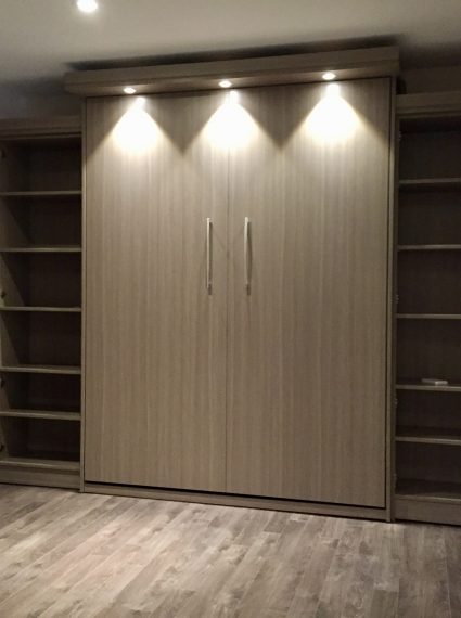 Queen Vertical Aria Murphy Bed with 2-SC1-R cabinets with lights and box crown