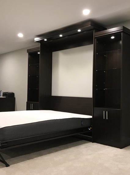Queen Vertical Dark Chocolate Murphy Bed with 2-SC-2 cabinets with glass shelves lights and box crown