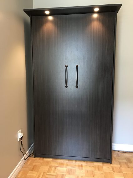 Single Vertical Dark Chocolate Murphy Bed with lights
