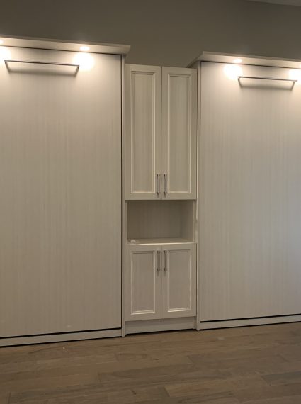 2-Single Vertical White Chocolate Murphy Beds with SC-5-R cabinet and lights