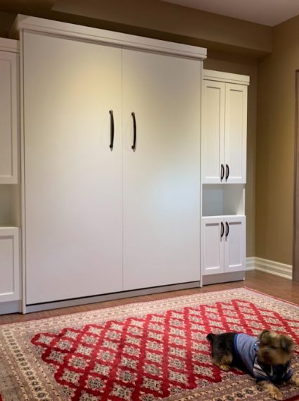 Queen Vertical White Murphy Bed with 2-SC5-R cabinets and Box Crown