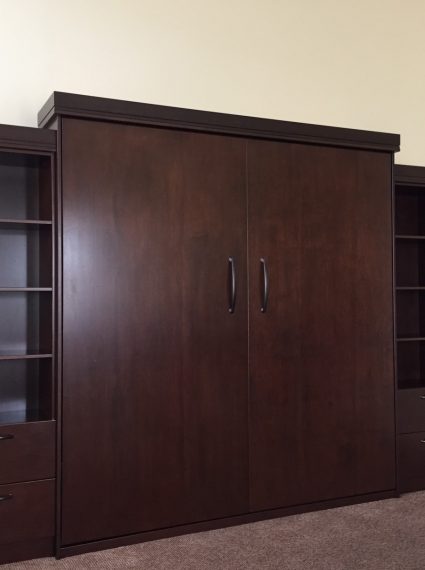 King Vertical Custom Stained Cherry Murphy Bed with 2-SC3-R Side Cabinets with Box Crown