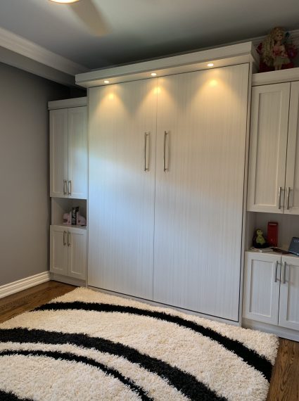 Queen Vertical White Murphy Bed with 2-SC5-R cabinets with lights and box crown