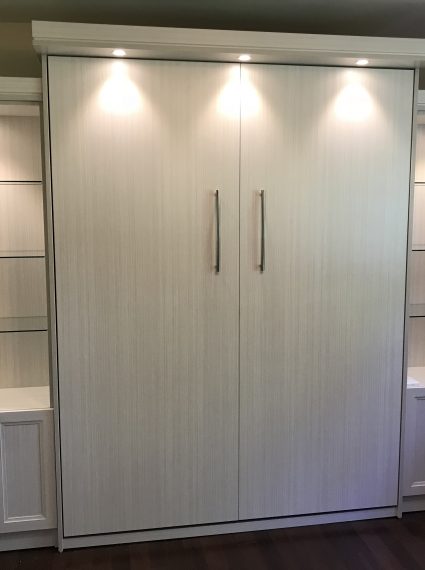 Queen Vertical White Chocolate Murphy Bed with 2-SC2-R cabinets with glass shelves, lights and box crown