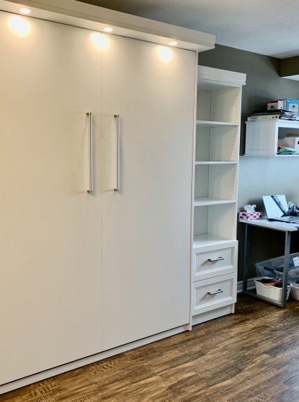 Queen Vertical White Murphy Bed with 2-SC2-R cabinets with lights and box crown