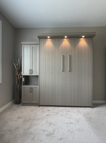 Queen Vertical Aria Murphy Bed with SC5-R cabinet with lights and box crown