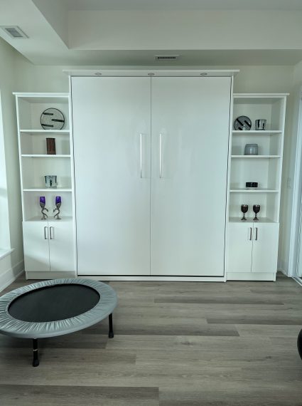 Queen Vertical White Murphy Bed with 2-SC2-R cabinets with lights