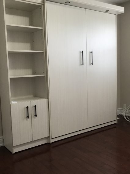 Double Vertical White Chocolate Murphy Bed with SC2-R cabinet with lights and box crown