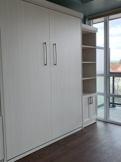 Queen Vertical White Chocolate Murphy Bed with 2-SC2-R cabinets with box crown