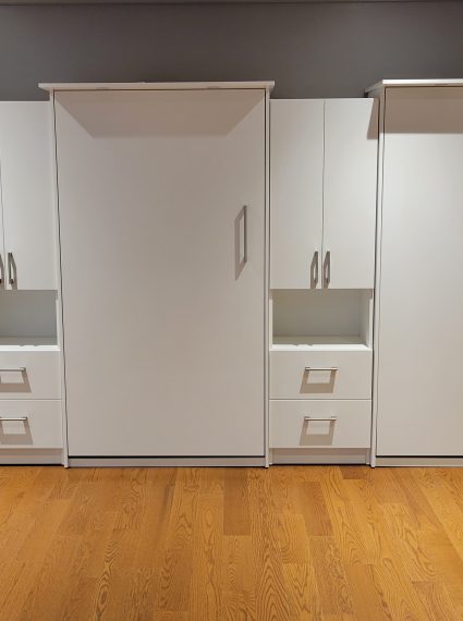 3 - Single Vertical White Murphy Beds with 2-SC6-R cabinets and lights