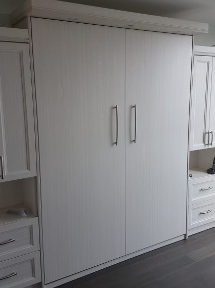 Queen Vertical White Chocolate Murphy Bed with 3-SC6-R cabinets with lights and box crown