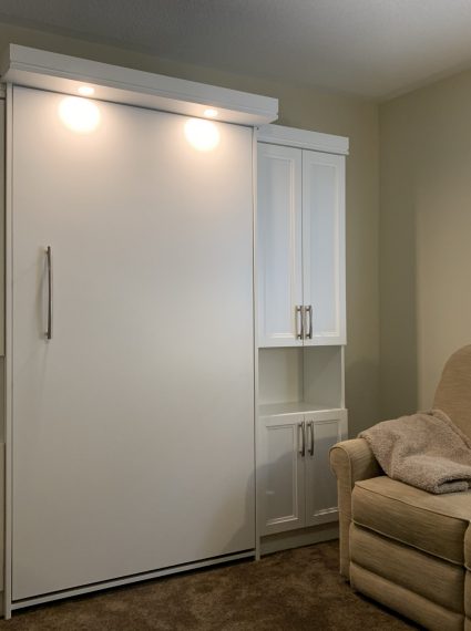 Single Vertical White Murphy Bed with 2-SC5-R cabinets with lights and box crown