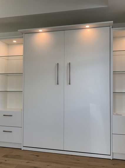 Double Vertical White Murphy Bed with 2 SC-3-R cabinets with glass shelves and SC6 Cabinet with lights