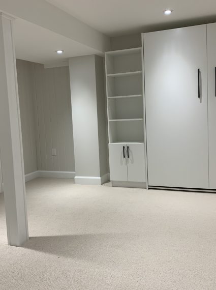 Queen Vertical White Chocolate Murphy Bed with SC5-R + SC7-R cabinets and lights