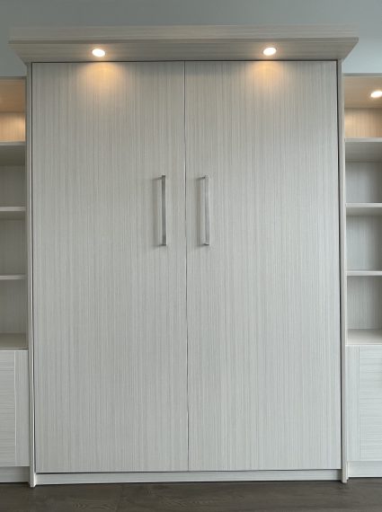 Double Vertical White Chocolate Murphy Bed with 2 SC2-R cabinets with lights and box crown