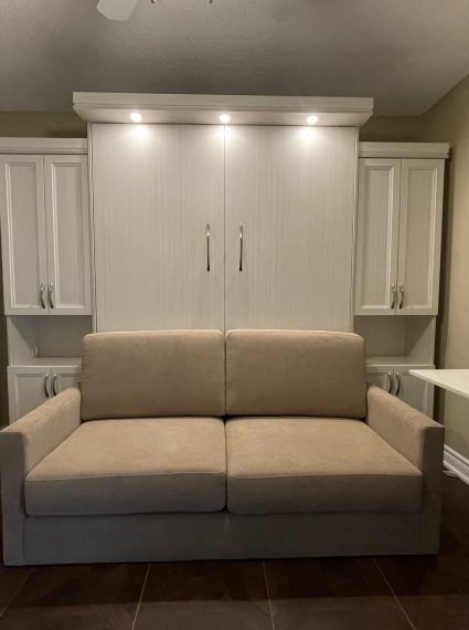 Queen Vertical White Chocolate Murphy Sofa Bed with 2-SC5-R cabinets with lights box crown and wall mounted desk