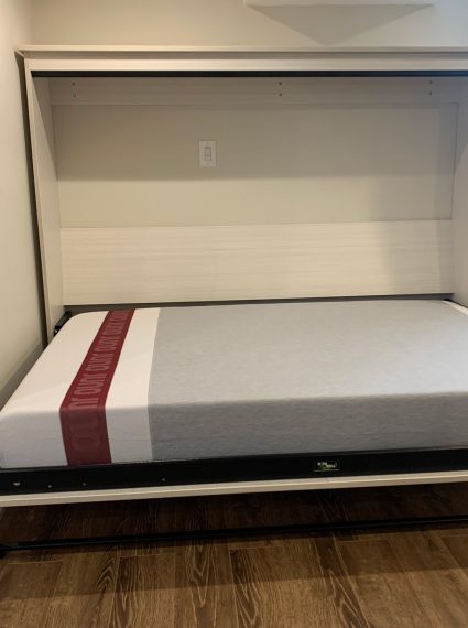 Double White Chocolate Side Tilt Murphy Bed with finish top plate in Open Position.
