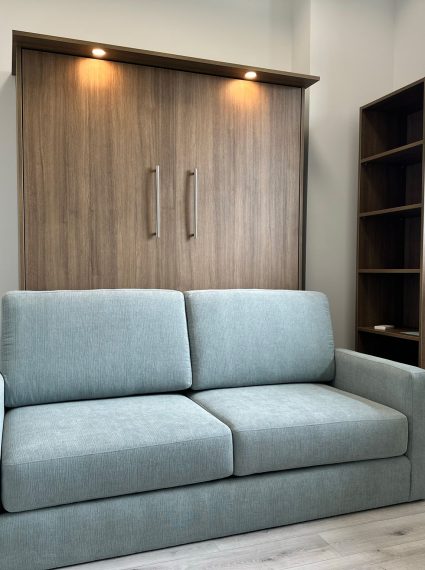 Double Vertical Fashionista Murphy Bed with SC1-R side cabinet, LED Lights and Murphy Sofa