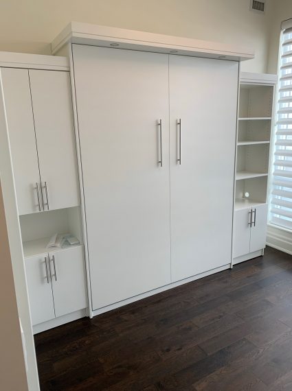 Double Vertical Murphy Bed with SC5-R left side cabinet and SC2-R right side cabinet and Box Crown