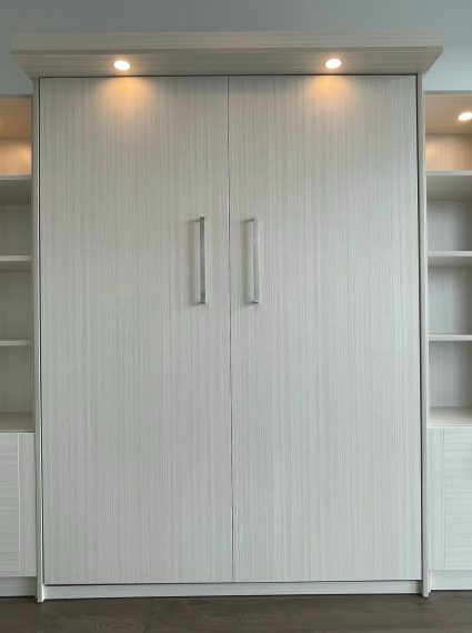 Double Vertical White Chocolate Murphy Bed with 2 SC2-R sdie cabinets with 3 piece doors, LED Lights and box crown