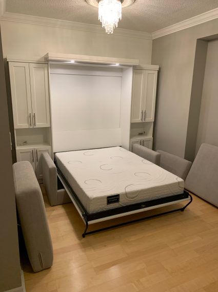 Double Vertical White Murphy Bed with 2 SC5-R side cabinets, LED Lights, Box Crown and Murphy Sofa shown open