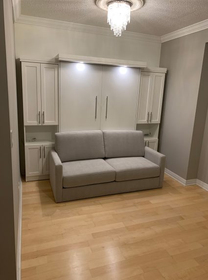 Double Vertical White Murphy Bed with 2 SC5-R side cabinets, LED Lights, Box Crown and Murphy Sofa