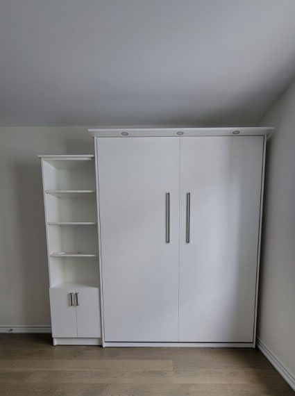 Queen Verical Whie Murphy Bed with SC2-R side cabinet