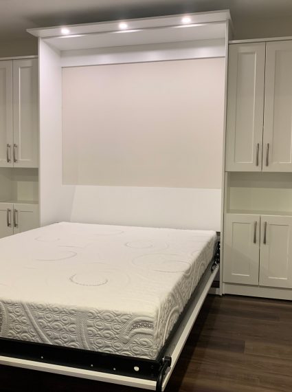 Queen Vertical White Murphy Bed with 2 SC2-R and 2 SC5-R side cabinets and LED lights shown open