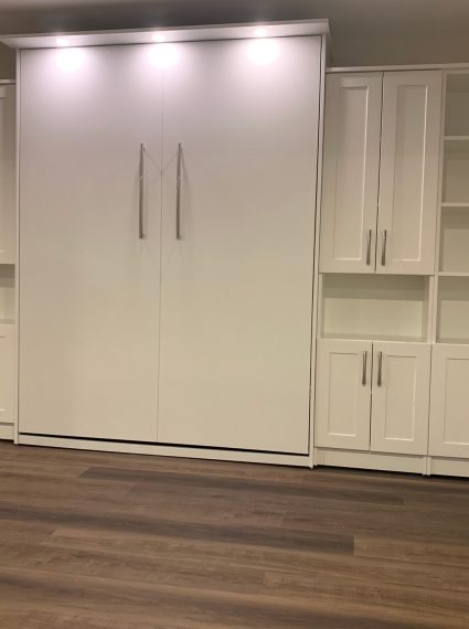 Queen Vertical White Murphy Bed with 2 SC2-R and 2 SC5-R side cabinets and LED lights