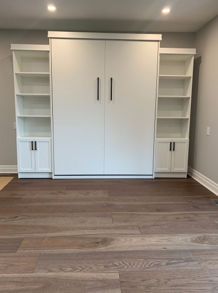 Queen Vertical White Murphy Bed with 2 SC-R side cabinets with shaker doors and Box Crown