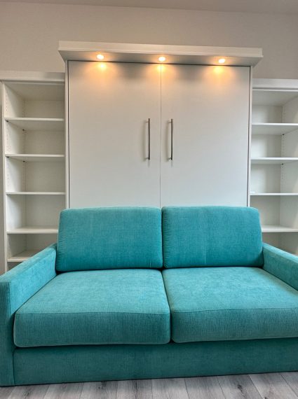 Queen Vertical White Murphy Bed wtih 2 SC1-R side cabinets, LED Lights wtih Box Crown and Murphy Bed Sofa