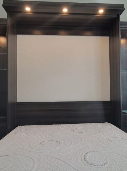 Queen Vertical Zambukka Murphy Bed with 2 SC4-R side cabinets, LED Lights, Glass Shelves and Box Crown