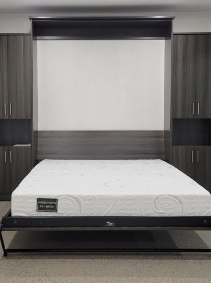 Queen Vertical Zambukka Murphy Bed with 2 SC5-R side cabinets and regular top plates shown open