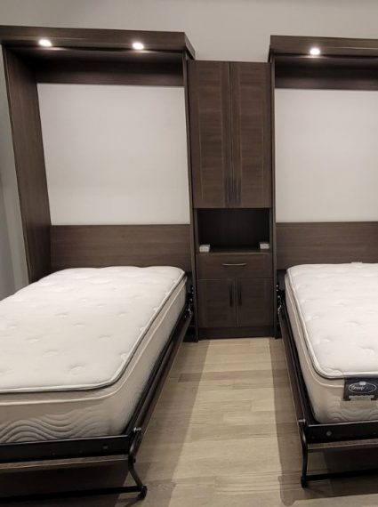 2 Single Vertical First Class Murphy Beds with LED Lights, Box Crown and SC7-R cabinet shown open